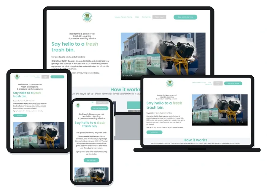 Charlottesville Bin Cleaners trash bin cleaning website home page (Charlottesville, Virginia) shown on desktop, laptop, tablet and phone