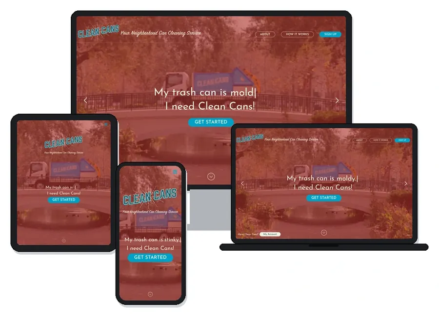 Clean Cans trash bin cleaning website home page (Central Florida) shown on desktop, laptop, tablet and phone