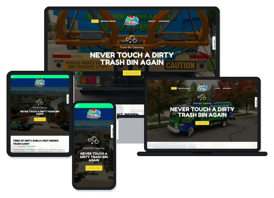 Colorado Clean Can trash bin cleaning website home page (Erie, Colorado) shown on desktop, laptop, tablet and phone