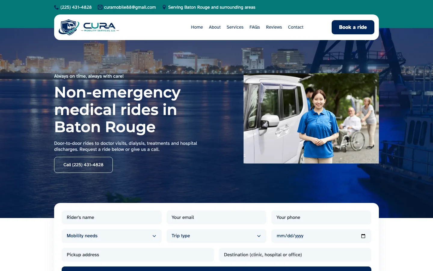 Cura Mobility Services homepage with the headline Non-emergency medical rides in Baton Rouge and the ride request form below it