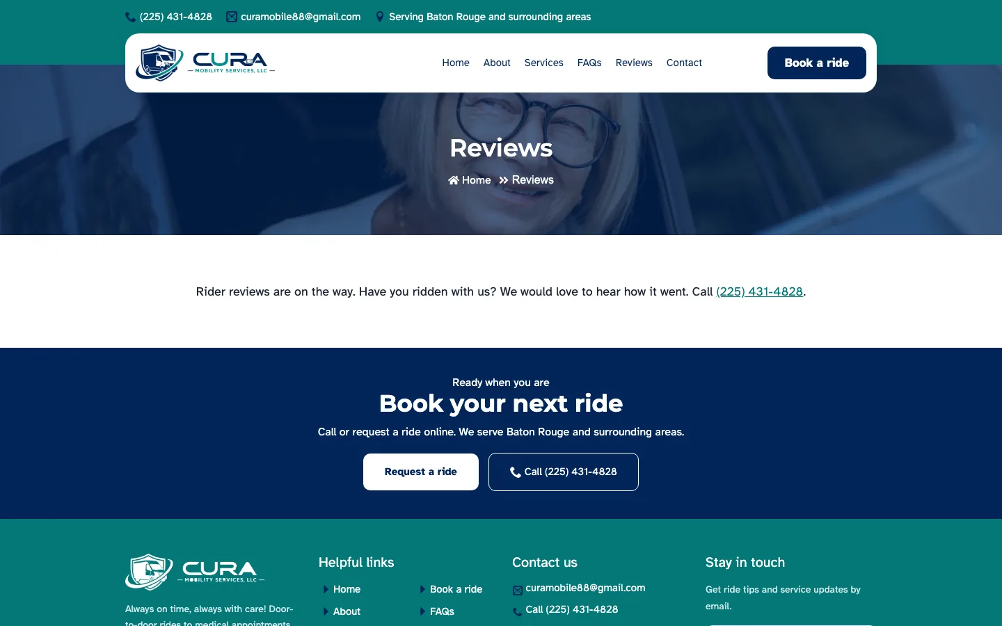 Cura Mobility Services reviews page reading Rider reviews are on the way and inviting riders to call