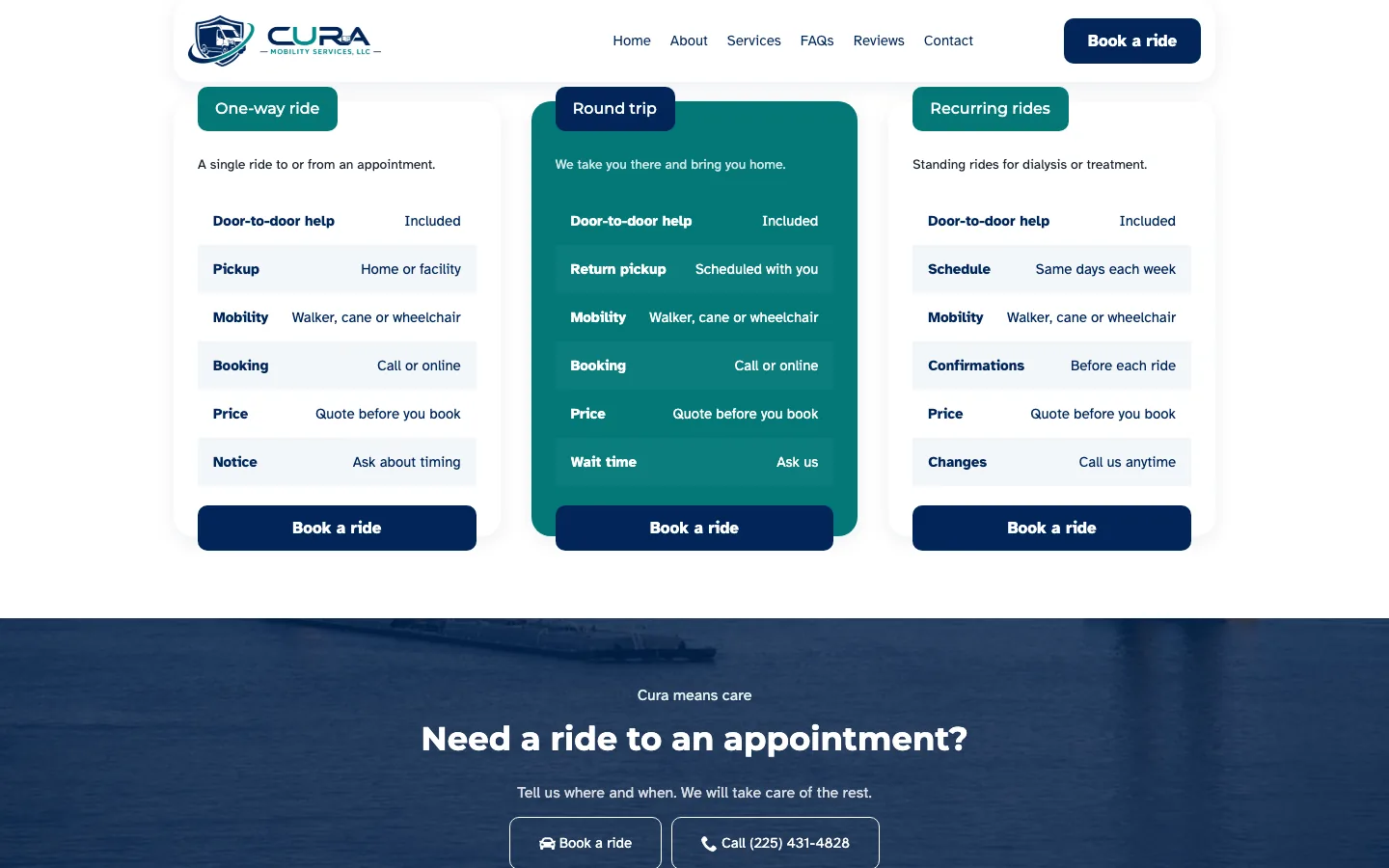 Side-by-side comparison of one-way, round trip and recurring rides on the Cura Mobility Services website, each with the line Quote before you book