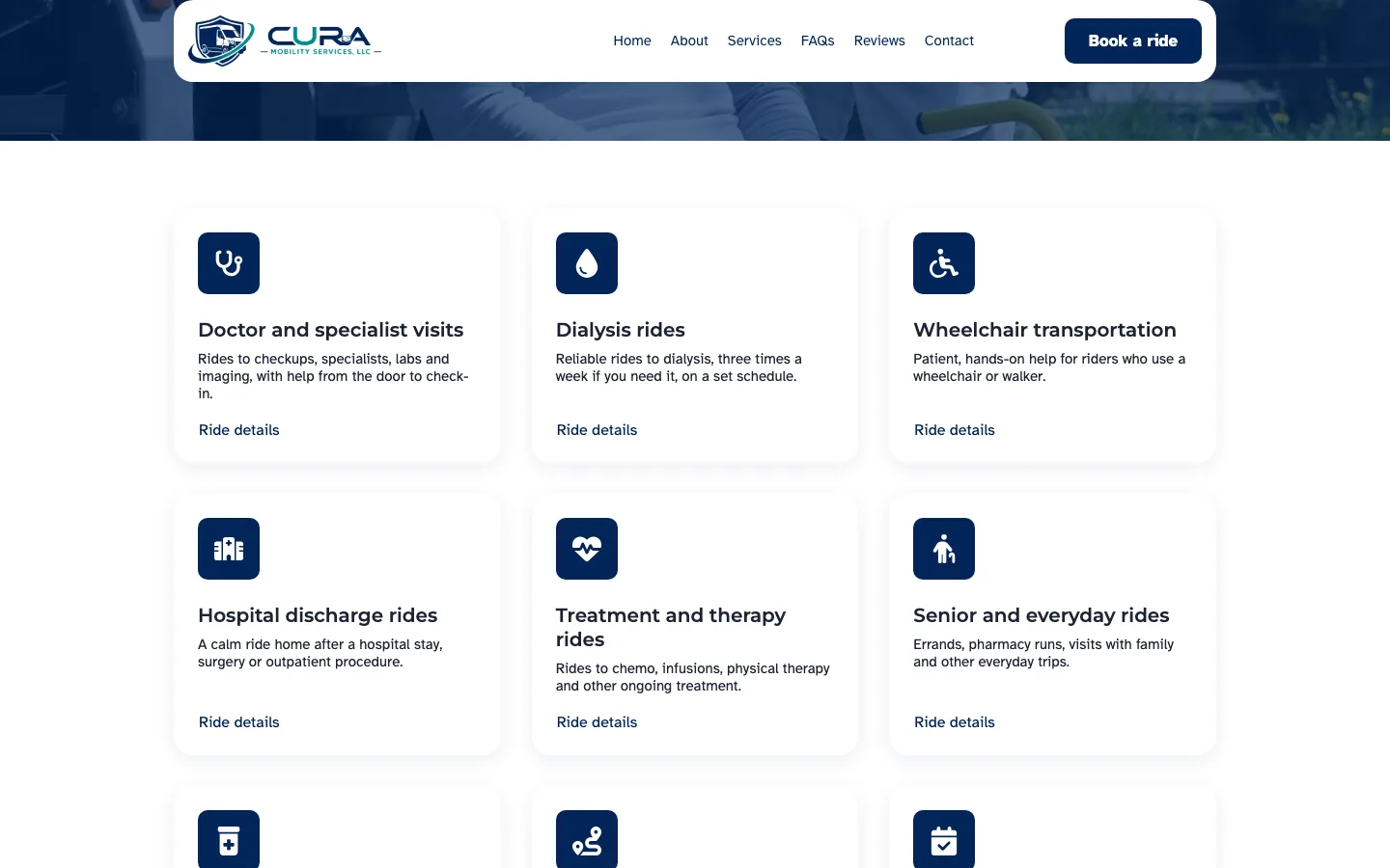 Cura Mobility Services services page showing cards for doctor visits, dialysis rides, wheelchair transportation, hospital discharge rides and more