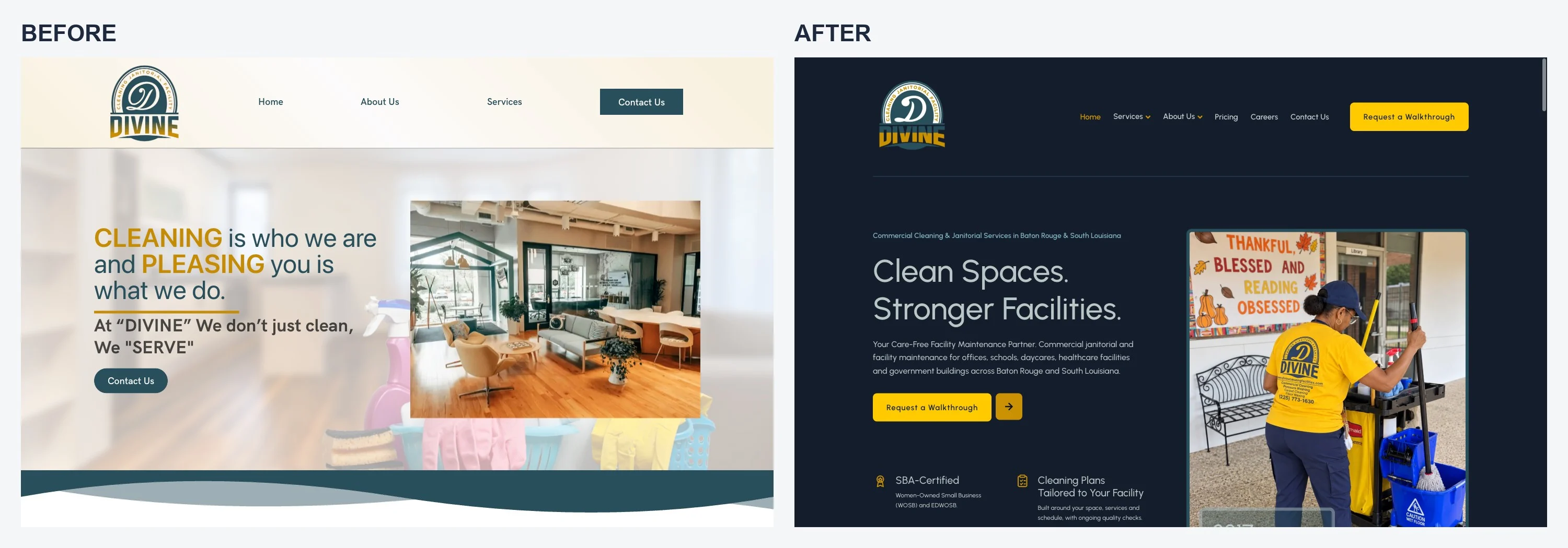 Divine Cleaning and Janitorial homepage before and after the rebuild