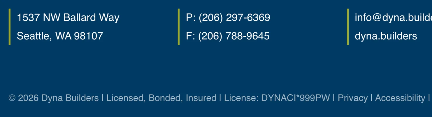 Dyna Builders website footer showing the address and phone number above a line reading licensed, bonded, insured and the contractor license number