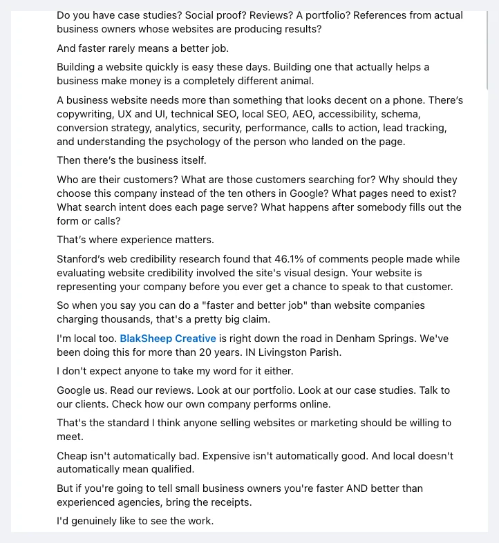 Excerpt of a comment from Clint Sanchez of BlakSheep Creative asking the poster for case studies, social proof, reviews, a portfolio and references
