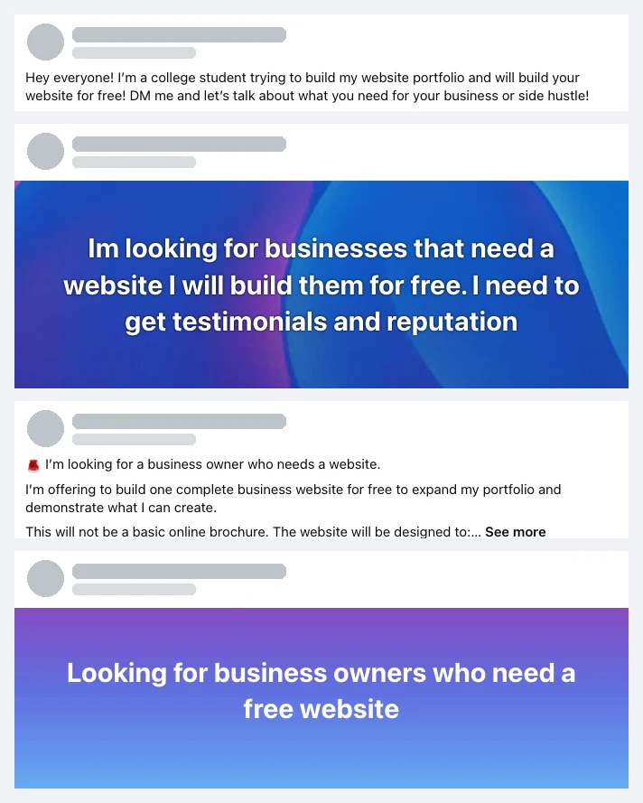 Four real Facebook group posts offering free websites to business owners, with names, photos and group names redacted