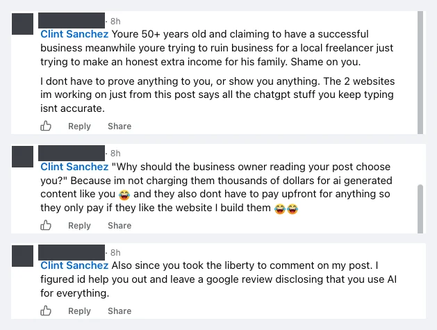 Three replies from the poster: I do not have to prove anything to you or show you anything, a reply giving price as the reason to choose him, and a reply saying he left a Google review because of the comment, with his name and photo redacted
