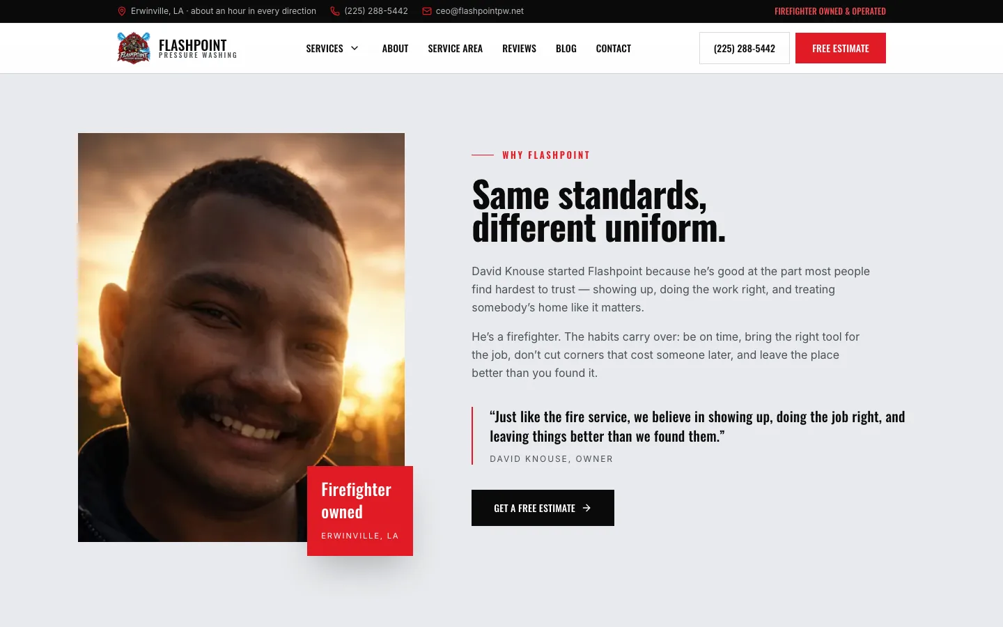 Why Flashpoint section of the website with the headline Same standards, different uniform and a quote from owner David Knouse