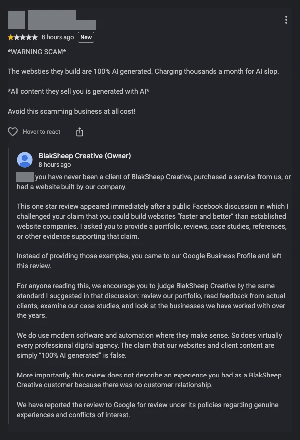 One star Google review of BlakSheep Creative from a non-customer, followed by the owner's full reply, with the reviewer's name and photo redacted
