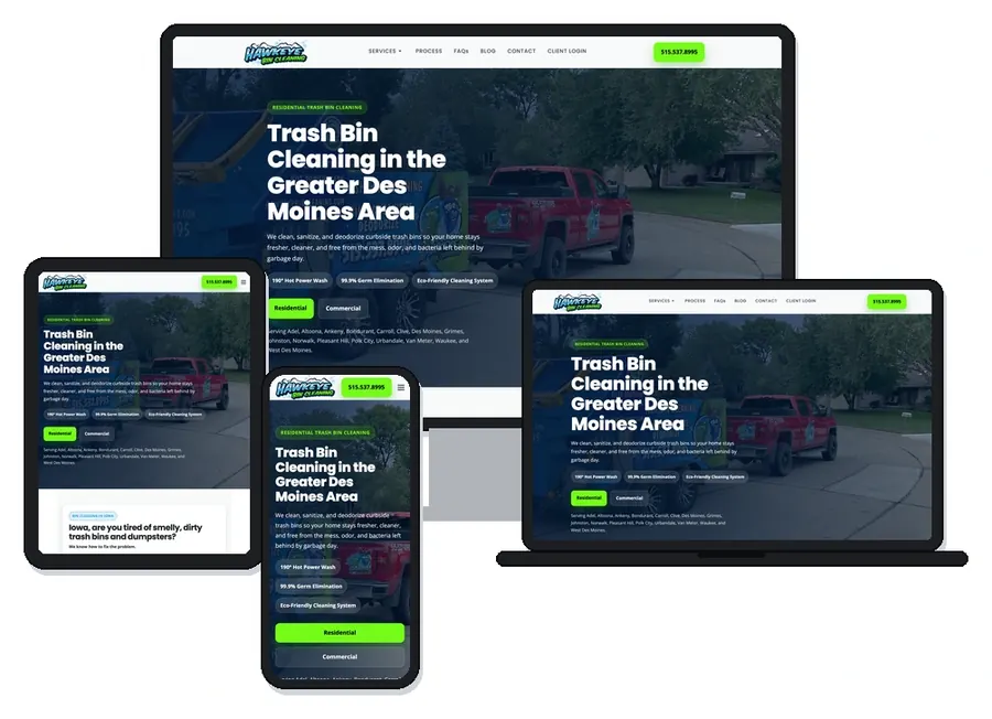 Hawkeye Bin Cleaning trash bin cleaning website home page (Des Moines, Iowa) shown on desktop, laptop, tablet and phone