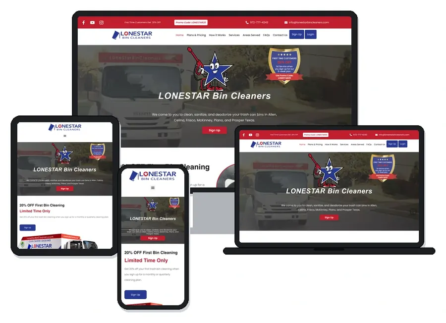 LoneStar Bin Cleaners trash bin cleaning website home page (North Texas) shown on desktop, laptop, tablet and phone