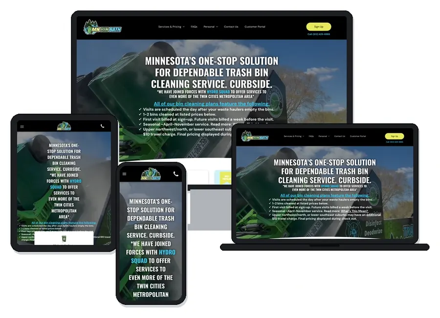 MN Bin Bath trash bin cleaning website home page (Twin Cities, Minnesota) shown on desktop, laptop, tablet and phone