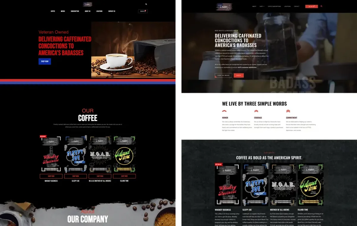 Red White and Badass Brew website before the redesign on the left and after on the right