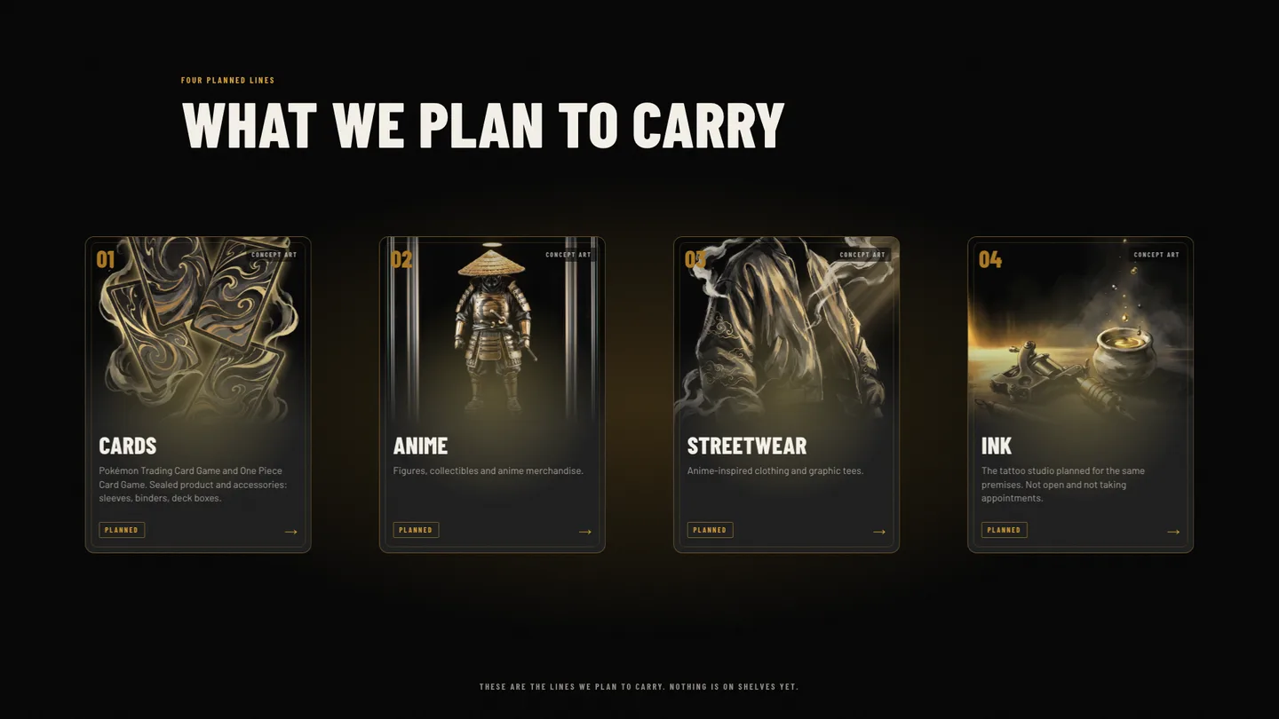 What we plan to carry section showing four cards for Cards, Anime, Streetwear and Ink, each tagged Planned