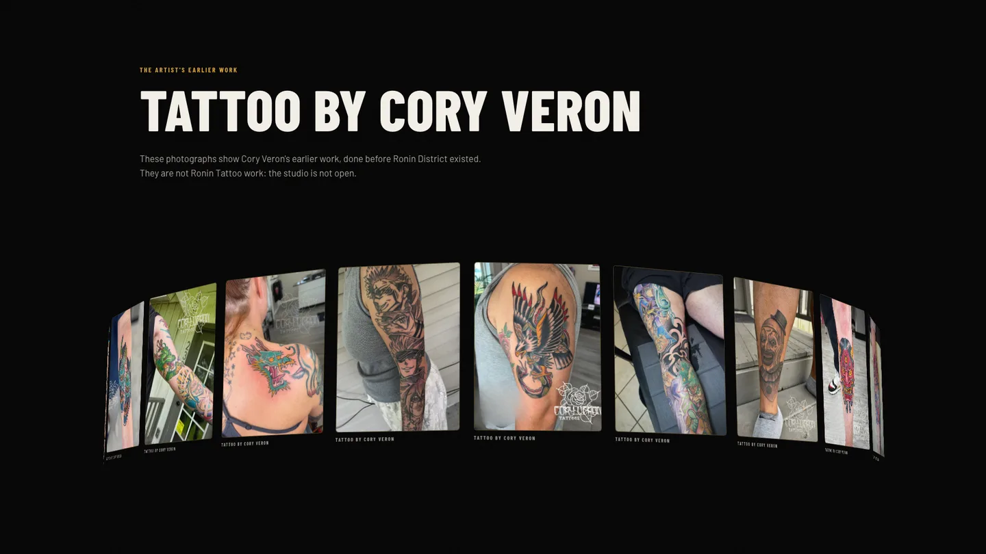 Tattoo by Cory Veron section with a curved drum of tattoo photographs captioned as the artist's earlier work