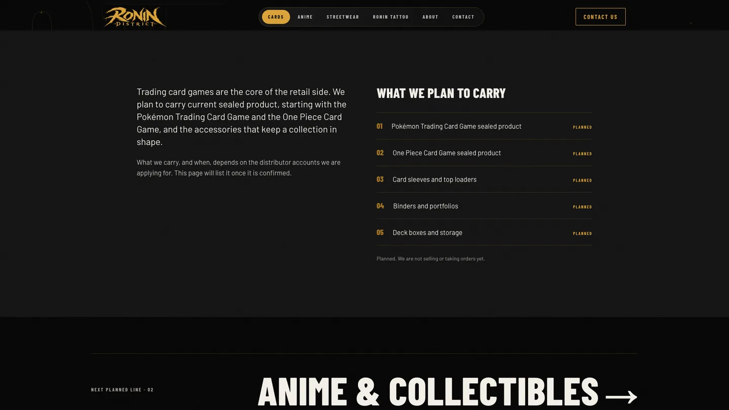 Trading Card Games page with a What we plan to carry list of sealed product, sleeves, binders and deck boxes, each marked Planned
