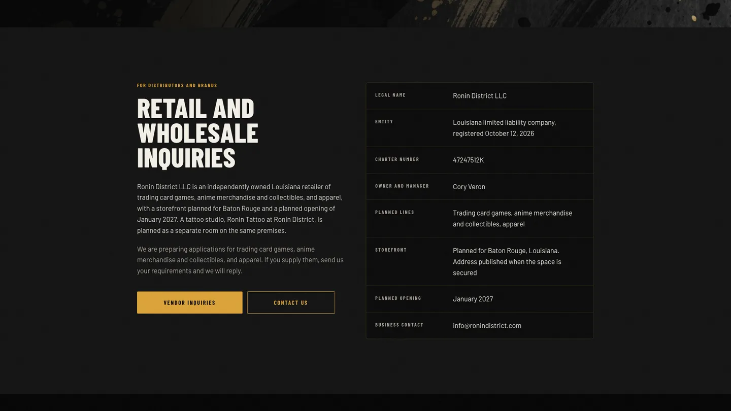 Retail and wholesale inquiries section beside a fact table listing legal name, entity, charter number, owner, planned lines, storefront, planned opening and business contact