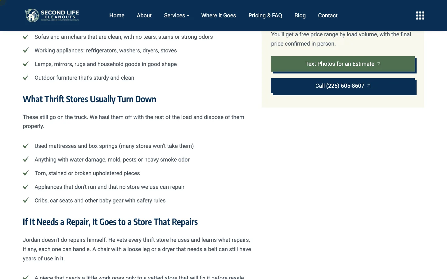 Second Life Cleanouts donation page listing what thrift stores usually accept and usually turn down
