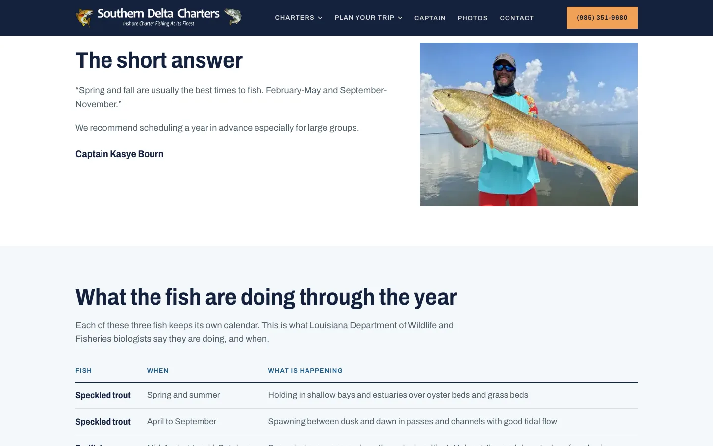 Best Time to Fish Venice page showing The short answer quote from Captain Kasye Bourn about spring and fall