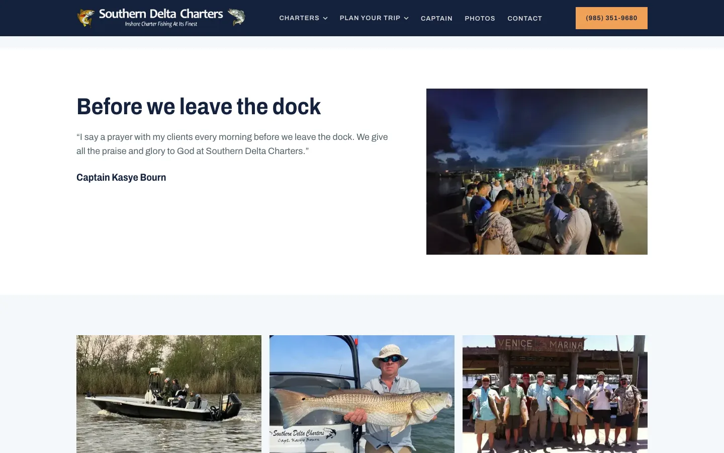 Meet the Captain page section headed Before we leave the dock with Captain Kasye Bourn's quote about praying with his clients
