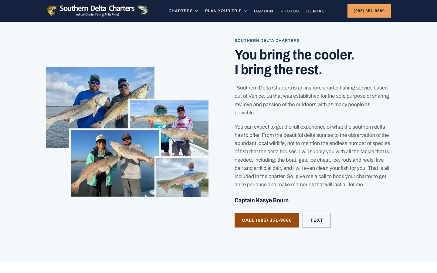 Southern Delta Charters homepage section headed You bring the cooler. I bring the rest. with photos of guests holding redfish