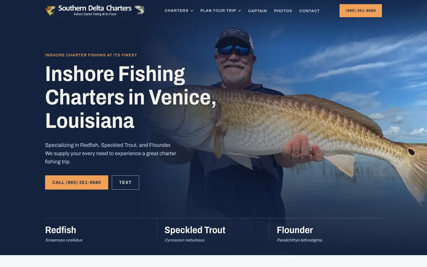 Southern Delta Charters homepage hero reading Inshore Fishing Charters in Venice, Louisiana over a photo of an angler holding a bull redfish
