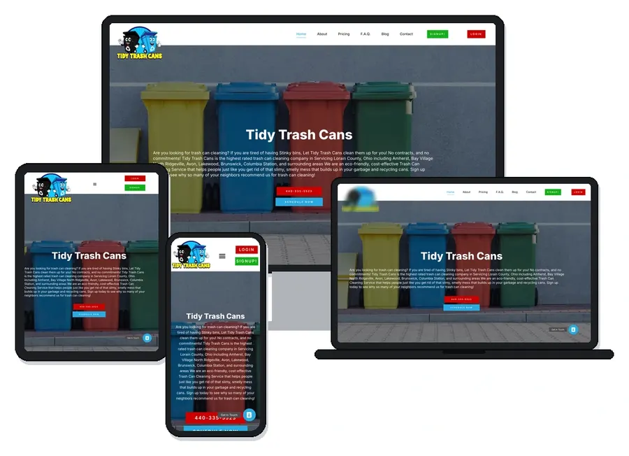 Tidy Trash Cans trash bin cleaning website home page (Lorain County, Ohio) shown on desktop, laptop, tablet and phone