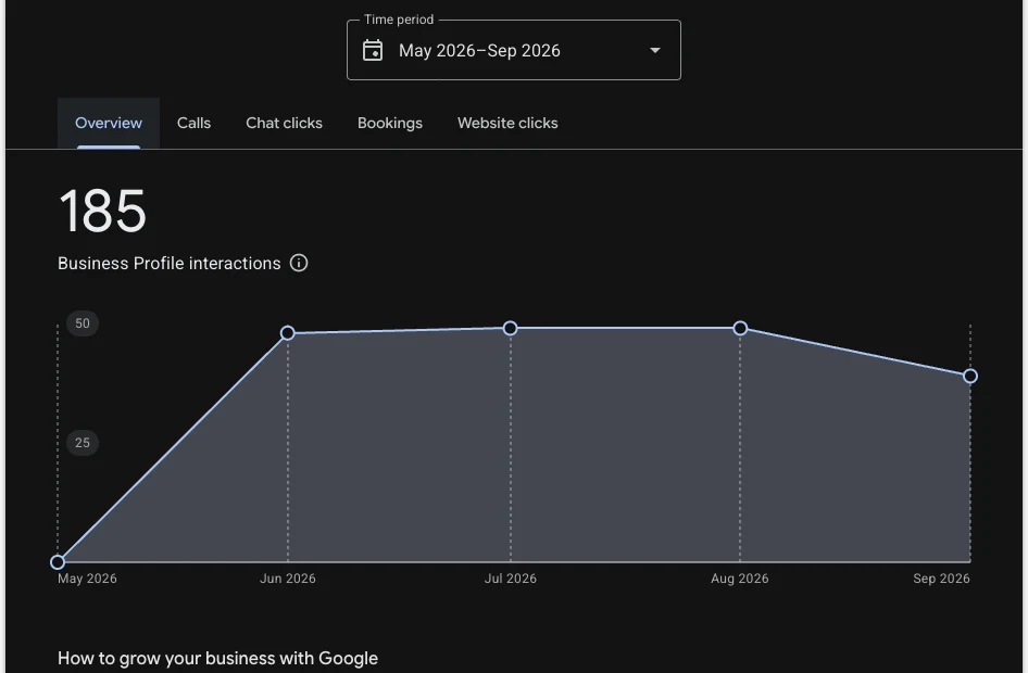 Google Business Profile performance report for TidyCan Alabama showing 185 interactions from May to September 2026