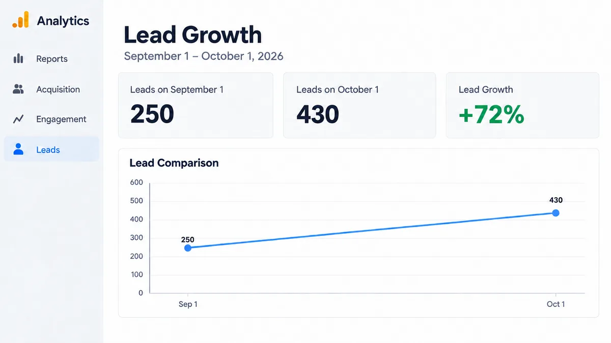 Lead growth chart for TidyCan Alabama showing 250 leads on September 1, 2026 and 430 on October 1, 2026, an increase of 72 percent