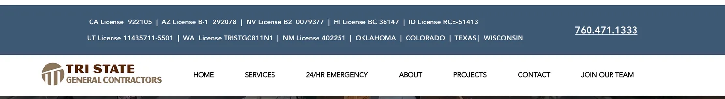 Tri State General Contractors website header listing contractor license numbers for California, Arizona, Nevada, Hawaii, Idaho, Utah, Washington and New Mexico above the main menu