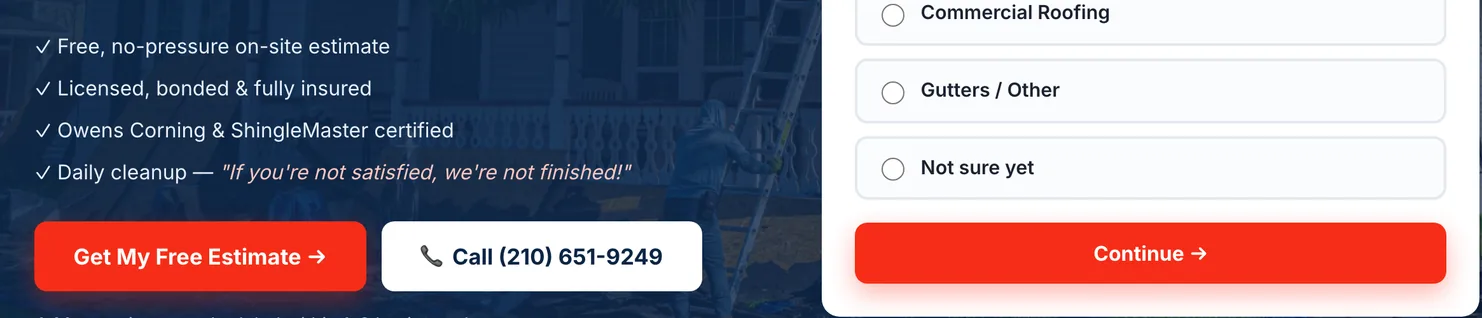 Yuras Roofing home page with a checklist reading free on-site estimate, licensed bonded and fully insured, and manufacturer certified, placed next to the estimate request form and call button