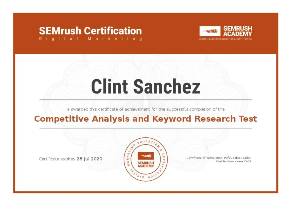 Certificate competitive analysis and keyword research test