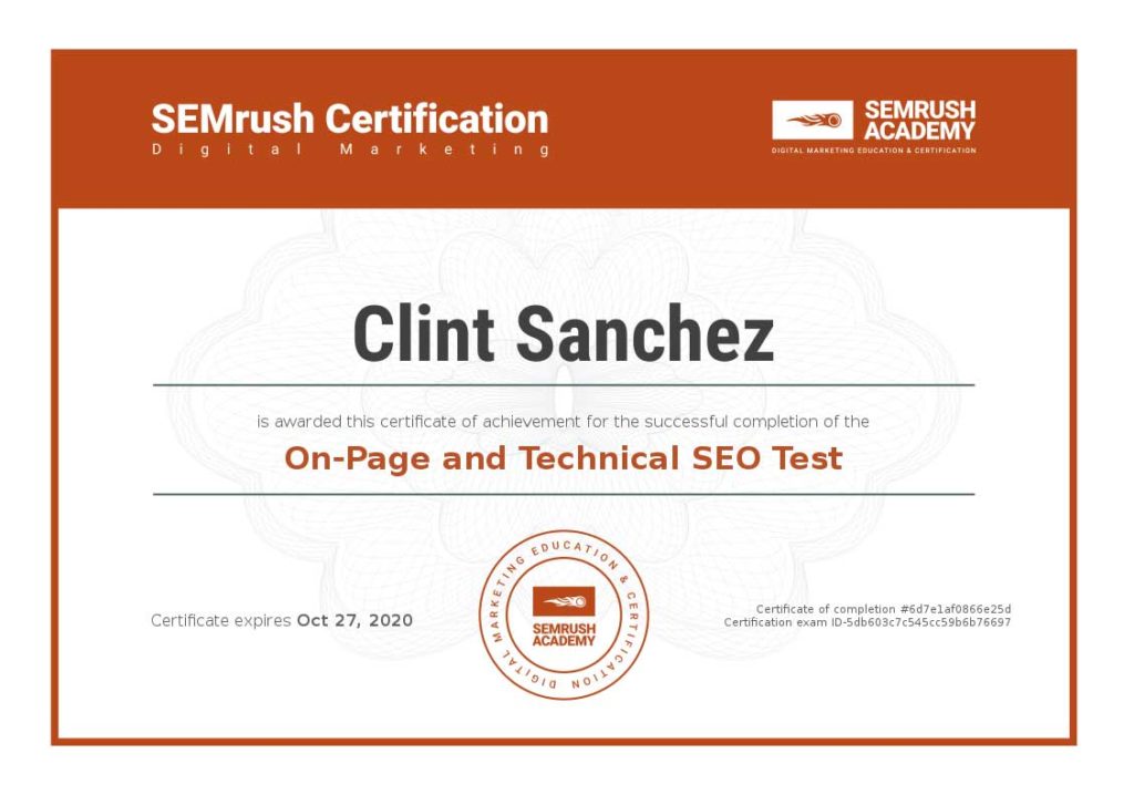 Certificate on page and technical seo test