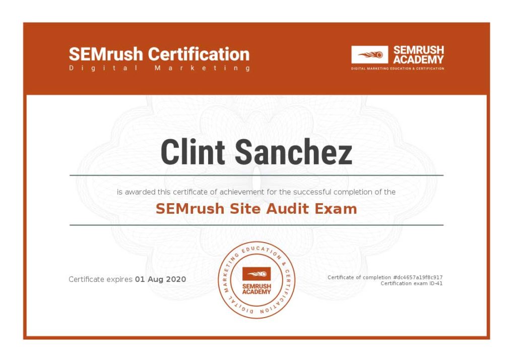 Certificate semrush site audit exam