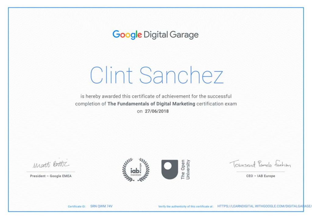 clint sanchez fundamentals of digital marketing certificate