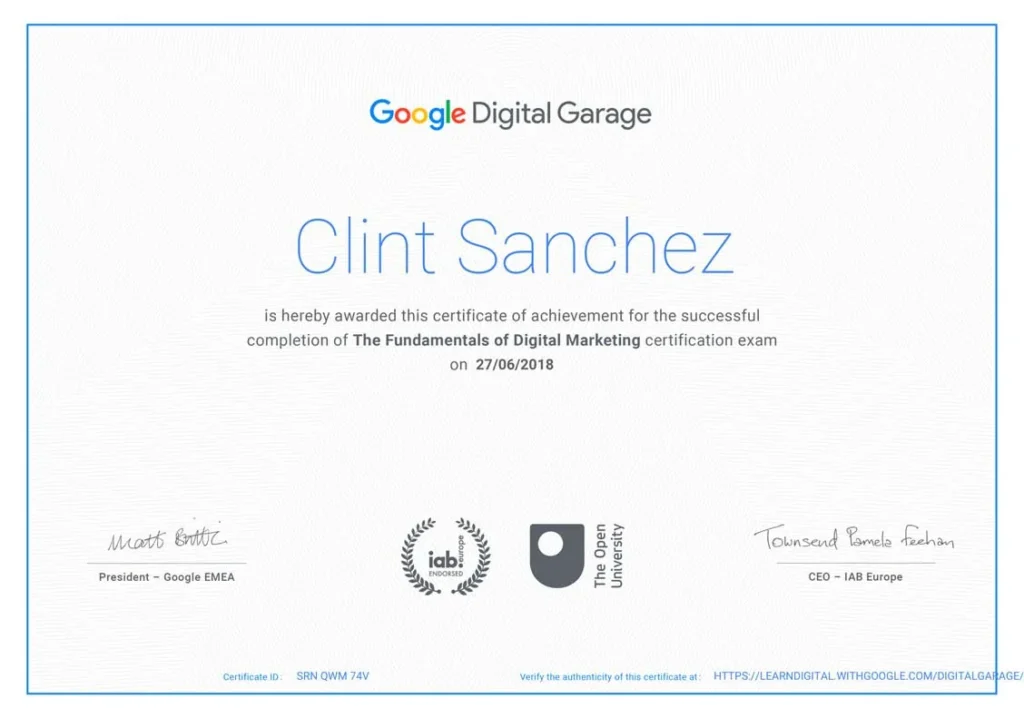 clint sanchez fundamentals of digital marketing certificate