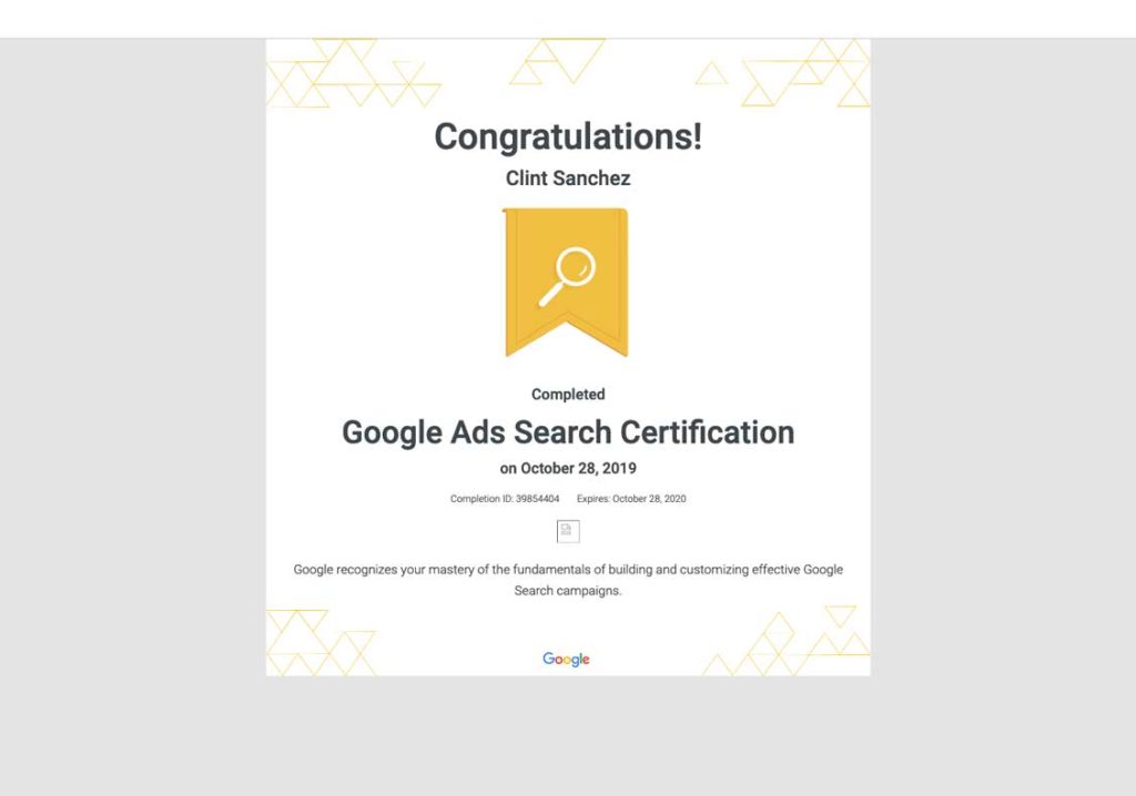 clint sanchez google ads search certification