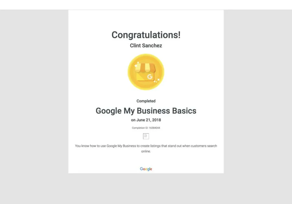 clint sanchez google my business basics course completion certificate
