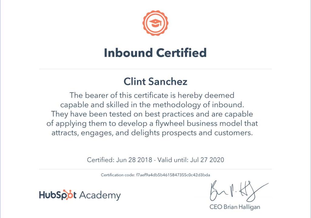clint sanchez hubspot inbound marketing certification