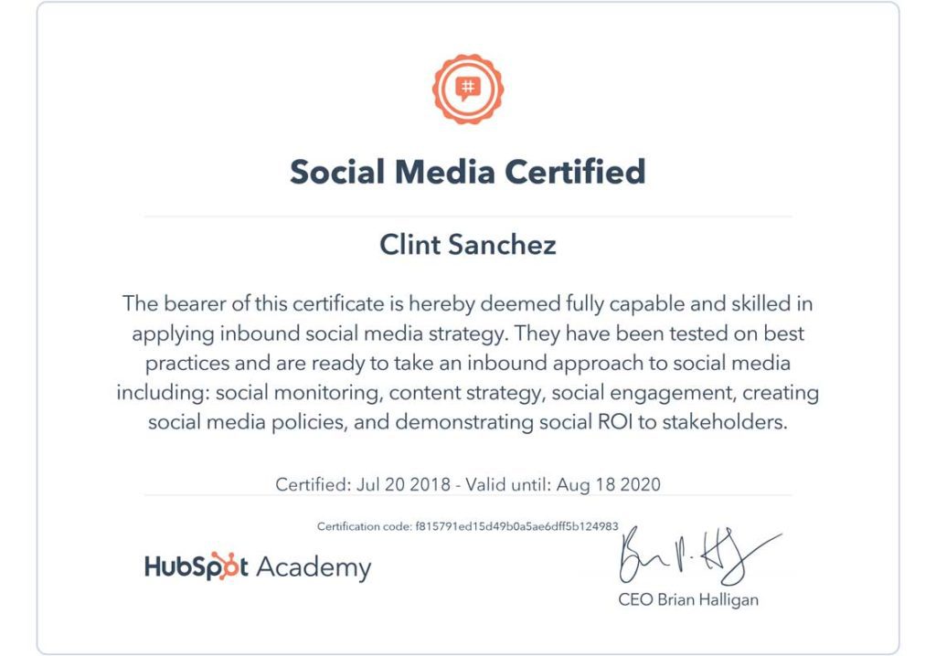 clint sanchez hubspot social media marketing certification
