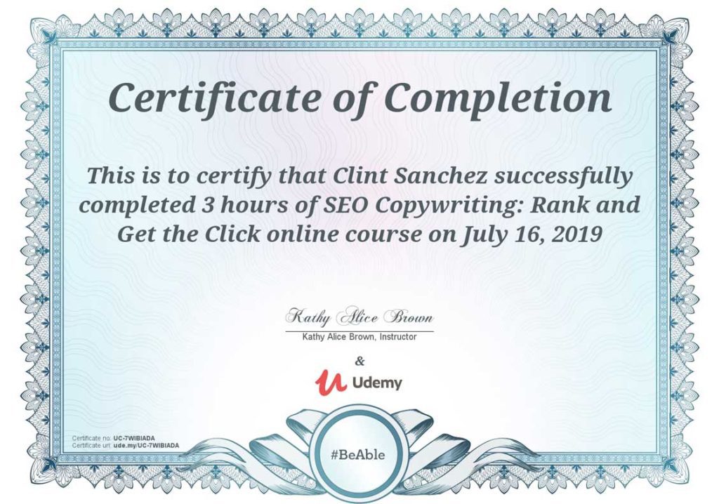 clint sanchez seo copywriting udemy certificate 1