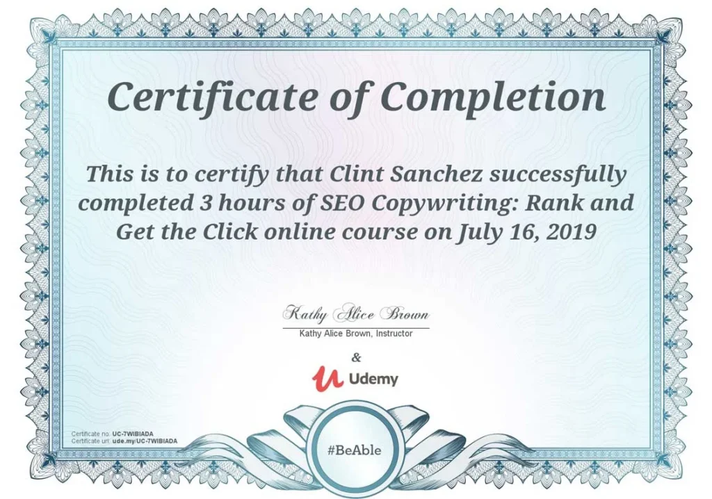 clint sanchez seo copywriting udemy certificate