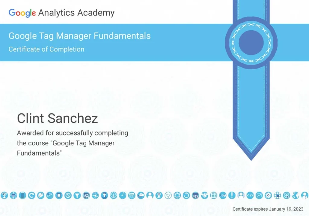 clint sanchez google tag manager fundamentals certificate