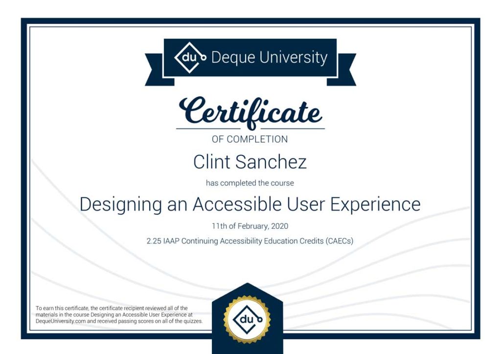 Clint Sanchez Designing an Accessible User Experience Course Completion Certificate page 0
