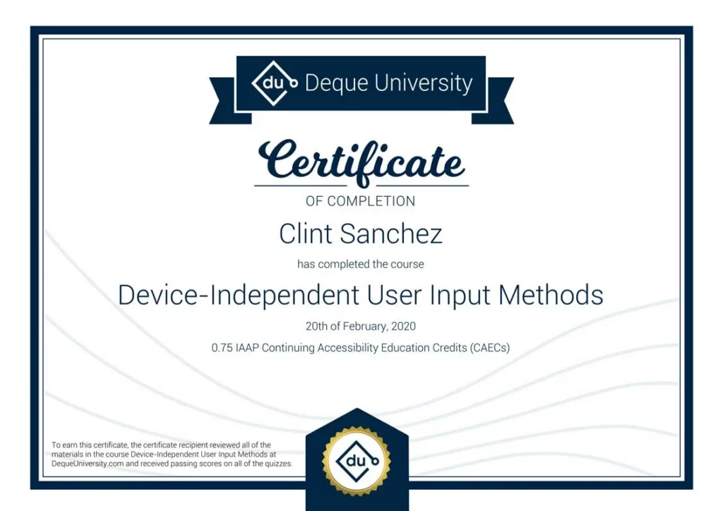 Clint Sanchez Device Independent User Input Methods Course Completion Certificate 1
