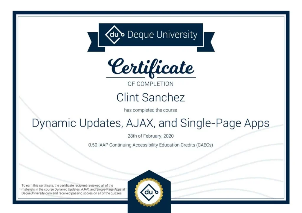 Clint Sanchez Dynamic Updates AJAX and Single Page Apps Course Completion Certificate 1