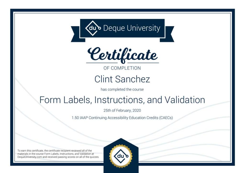 Clint Sanchez Form Labels Instructions and Validation Course Completion Certificate 1
