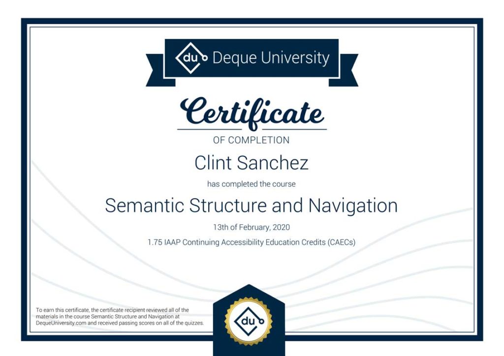 Clint Sanchez Semantic Structure and Navigation Course Completion Certificate 1
