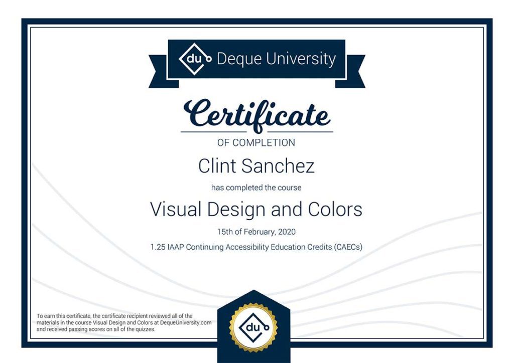 Clint Sanchez Visual Design and Colors Course Completion Certificate page 0